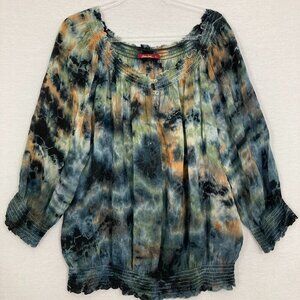 Bashara Lesser Multi Color Tie Dye Round Neck Smocked Detail Pullover Top Large